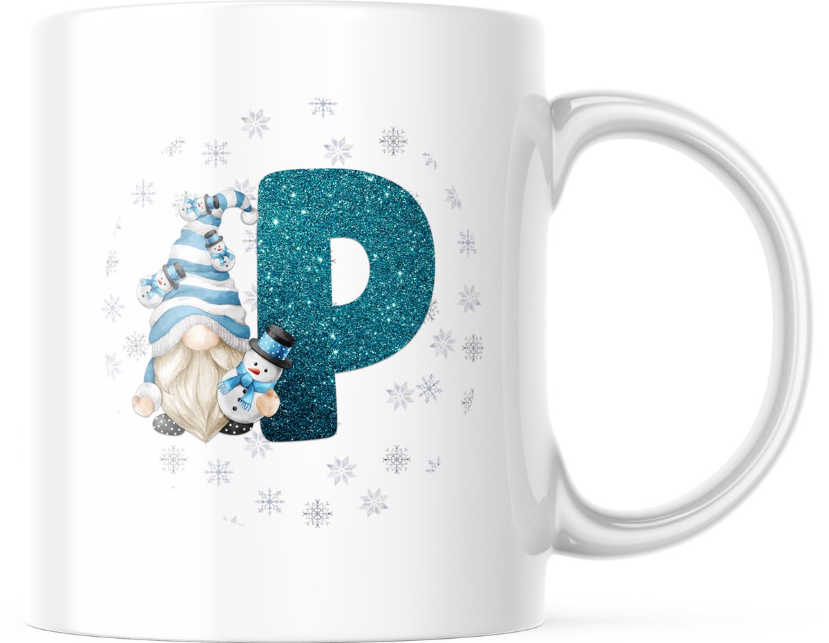 Kerst Mok met afbeelding: Snowman Gnome - Blauw - Letter P | Kerst Decoratie | Kerst Versiering | Grappige Cadeaus | Koffiemok | Koffiebeker | Theemok | Theebeker