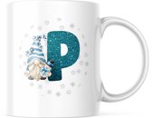 Kerst Mok met afbeelding: Snowman Gnome - Blauw - Letter P | Kerst Decoratie | Kerst Versiering | Grappige Cadeaus | Koffiemok | Koffiebeker | Theemok | Theebeker