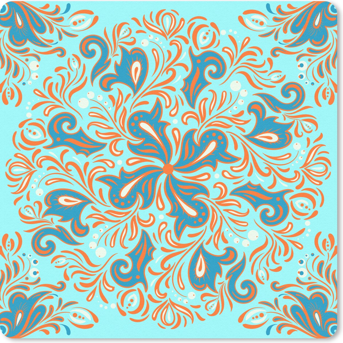 Muismat - Mousepad - Bloem - Bladeren - Blauw - Oranje - 30x30 cm - Muismatten