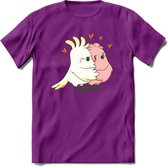 Lovebirds - Valentijn T-Shirt | Grappig Valentijnsdag Cadeautje voor Hem en Haar | Dames - Heren - Unisex | Kleding Cadeau | - Paars - M