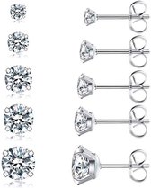 Luxore® 5 Paar Zilverkleurig Diamant Oorbellen Set Dames – Oorknopjes voor Vrouwen & Meisjes – Sieraden – Oorbellenset - Cadeautje