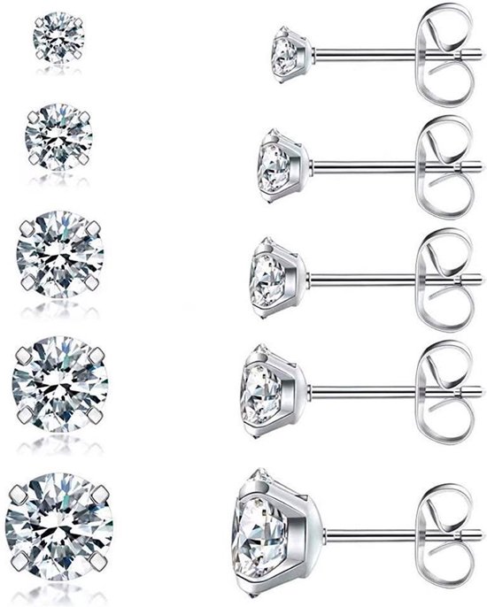 Luxore 5 Paar Zilverkleurig Diamant Oorbellen Set Dames – Oorknopjes voor Vrouwen & Meisjes – Sieraden – Oorbellenset - Moederdag Cadeautje