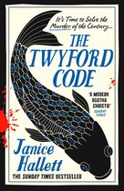 Couverture du livre 'The Twyford Code' avec un poisson noir stylisé orné de symboles bleus sur ses écailles. Éclaboussures de sang rouges sur le côté gauche.