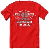 45 Jaar Legend T-Shirt | Zilver - Wit | Grappig Verjaardag en Feest Cadeau | Dames - Heren - Unisex | Kleding Kado | - Rood - S