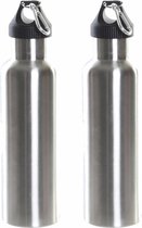 Set van 2x stuks RVS thermosfles/isoleerfles zilvergrijs met schroefdop en karabijnhaak 750 ml - Dubbelwandig
