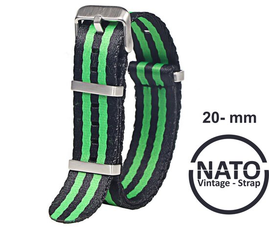 20mm Nato Strap ZWART GROEN - Vintage James Bond - Nato Strap collectie - Mannen - Horlogeband - 20 mm bandbreedte