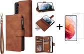 Luxe Telefoonhoesje voor Samsung Galaxy S22 Plus | Hoogwaardig Leren Bookcase | Lederen Wallet Case | Luxe Uitstraling | Pasjeshouder 6 pasjes | Portemonnee | Rits | Cognac Bruin +