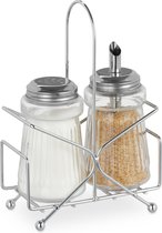 Relaxdays zoutvat en suikerstrooier - met houder - zoutstrooier - suikerdispenser - glas