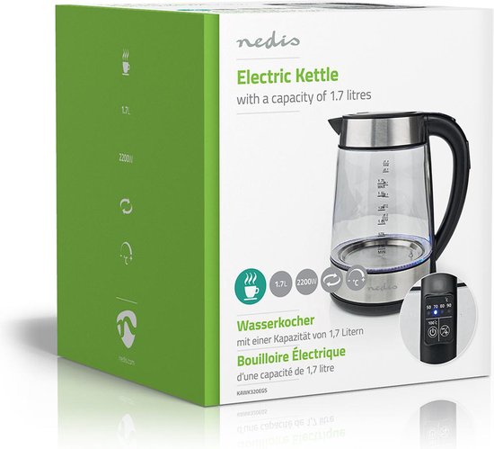 Nedis KAWK320EGS bouilloire 1,7 L 2200 W Acier inoxydable, Transparent