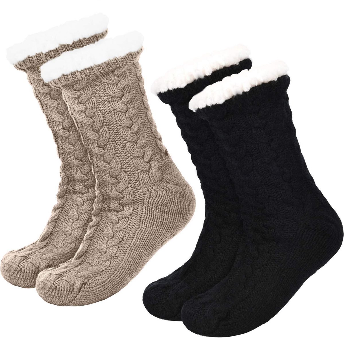 JAXY Huissokken - Huissokken Dames en Heren - Verwarmde sokken - Anti Slip Sokken - Fleece Sokken - Dikke Sokken - Fluffy Sokken - Slofsokken - Warme Sokken - Bedsokken - Gevoerde Sokken - Winter Sokken - 2 Paar - Zwart + Beige
