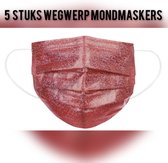 Glitter wegwerp mondmaskers - Rood - per 5 stuks