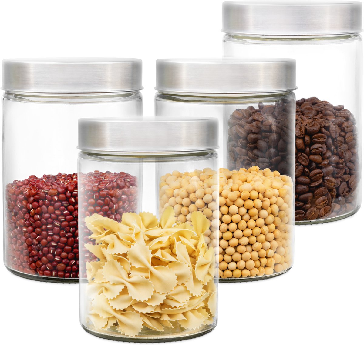 Navaris glazen voorraadpotten - Set van 4 potten met stalen deksel - Opslag voor meel, pasta, rijst, koffie of muesli - 4x 1200 ml
