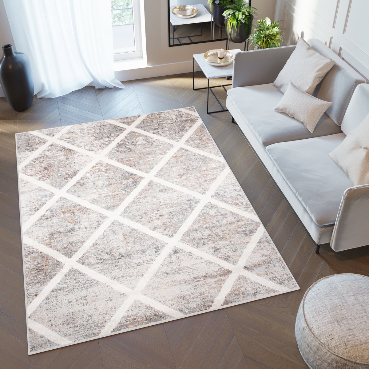 Tapiso Valley Vloerkleed Tapijten Woonkamer Laagpolig Geruit Maat- 80x150 Grijs Lichtbruin