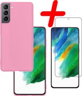 Samsung Galaxy S21 FE Hoesje Siliconen Met Screenprotector - Samsung Galaxy S21 FE Case Hoes Met Screenprotector - Licht Roze