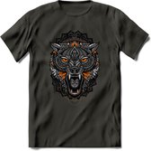 Wolf - Dieren Mandala T-Shirt | Oranje | Grappig Verjaardag Zentangle Dierenkop Cadeau Shirt | Dames - Heren - Unisex | Wildlife Tshirt Kleding Kado | - Donker Grijs - XXL