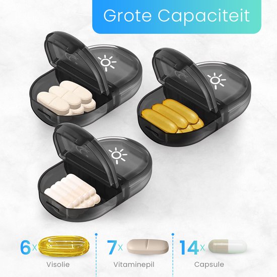 Pilulier GEASY 7 jours 2 compartiments - Pilulier avec boîte de rangement noire pour les déplacements - Verrouillage fort - Néerlandais - Zwart