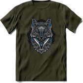 Vos - Dieren Mandala T-Shirt | Blauw | Grappig Verjaardag Zentangle Dierenkop Cadeau Shirt | Dames - Heren - Unisex | Wildlife Tshirt Kleding Kado | - Leger Groen - XXL