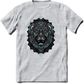 Leeuw - Dieren Mandala T-Shirt | Lichtblauw | Grappig Verjaardag Zentangle Dierenkop Cadeau Shirt | Dames - Heren - Unisex | Wildlife Tshirt Kleding Kado | - Licht Grijs - Gemaleer