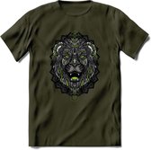 Leeuw - Dieren Mandala T-Shirt | Groen | Grappig Verjaardag Zentangle Dierenkop Cadeau Shirt | Dames - Heren - Unisex | Wildlife Tshirt Kleding Kado | - Leger Groen - L