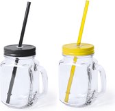 4x stuks Glazen Mason Jar drinkbekers met dop en rietje 500 ml - 2x zwart/2x geel - afsluitbaar/niet lekken/fruit shakes