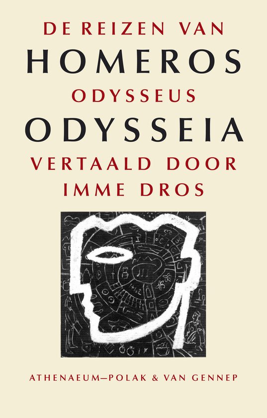 Boek 'De Reizen van Homeros: Odysseus Odysseiá' vertaald door Imme Dros, met een illustratie van een hoofd.