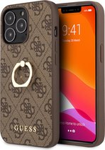 Guess - Backcover hoes met ringhouder - iPhone 13 Pro - Bruin + Lunso Tempered Glass