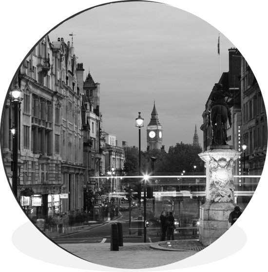 WallCircle - Wandcirkel - Muurcirkel - Druk verkeer rondom het Trafalgar Square in Londen -zwart-wit - Aluminium - Dibond - ⌀ 140 cm - Binnen en Buiten