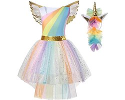 foto van Joya Kids® Regenboog Eenhoorn Verkleed Jurk Set - Maat 128-134