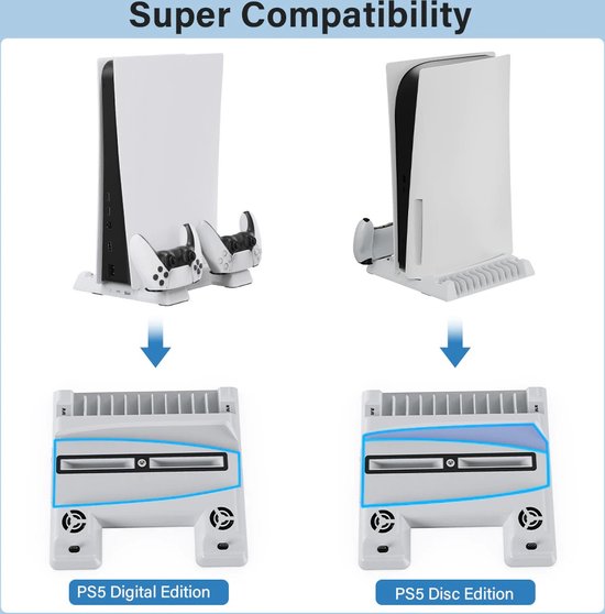 DrPhone DPS3 - Station de charge pour PS5 DISK / Version numérique - Fonction de refroidissement - Dongle contrôleur + Système de stockage de jeu - Wit