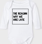 Baby Rompertje met tekst 'The reason why we are late 3' |Lange mouw l | wit zwart | maat 50/56 | cadeau | Kraamcadeau | Kraamkado