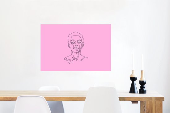 Femme art Line avec les cheveux courts sur un papier d'affiche de fond rose 90x60 cm - impression photo sur l' affiche (décoration murale salon / chambre à coucher)