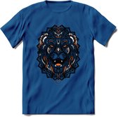 Leeuw - Dieren Mandala T-Shirt | Oranje | Grappig Verjaardag Zentangle Dierenkop Cadeau Shirt | Dames - Heren - Unisex | Wildlife Tshirt Kleding Kado | - Donker Blauw - 3XL