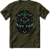 Wolf - Dieren Mandala T-Shirt | Lichtblauw | Grappig Verjaardag Zentangle Dierenkop Cadeau Shirt | Dames - Heren - Unisex | Wildlife Tshirt Kleding Kado | - Leger Groen - M