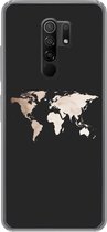 Geschikt voor Xiaomi Redmi 9 hoesje - Wereldkaart - Leer - Zwart - Siliconen Telefoonhoesje