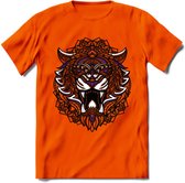 Tijger - Dieren Mandala T-Shirt | Paars | Grappig Verjaardag Zentangle Dierenkop Cadeau Shirt | Dames - Heren - Unisex | Wildlife Tshirt Kleding Kado | - Oranje - XL