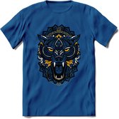 Wolf - Dieren Mandala T-Shirt | Geel | Grappig Verjaardag Zentangle Dierenkop Cadeau Shirt | Dames - Heren - Unisex | Wildlife Tshirt Kleding Kado | - Donker Blauw - S