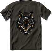 Vos - Dieren Mandala T-Shirt | Geel | Grappig Verjaardag Zentangle Dierenkop Cadeau Shirt | Dames - Heren - Unisex | Wildlife Tshirt Kleding Kado | - Donker Grijs - 3XL