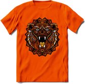 Beer - Dieren Mandala T-Shirt | Geel | Grappig Verjaardag Zentangle Dierenkop Cadeau Shirt | Dames - Heren - Unisex | Wildlife Tshirt Kleding Kado | - Oranje - L