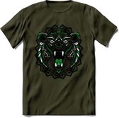 Beer - Dieren Mandala T-Shirt | Groen | Grappig Verjaardag Zentangle Dierenkop Cadeau Shirt | Dames - Heren - Unisex | Wildlife Tshirt Kleding Kado | - Leger Groen - XL