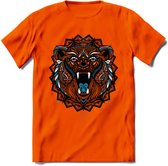 Beer - Dieren Mandala T-Shirt | Blauw | Grappig Verjaardag Zentangle Dierenkop Cadeau Shirt | Dames - Heren - Unisex | Wildlife Tshirt Kleding Kado | - Oranje - L