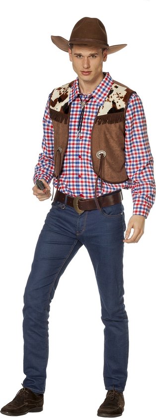 Wilbers & Wilbers - Cowboy & Cowgirl Kostuum - Alleen Op De Prairie Cowboy Blouse Met Vest Man - Bruin, Multicolor - Maat 50 - Carnavalskleding - Verkleedkleding