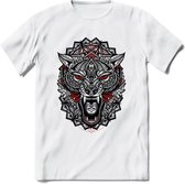 Wolf - Dieren Mandala T-Shirt | Rood | Grappig Verjaardag Zentangle Dierenkop Cadeau Shirt | Dames - Heren - Unisex | Wildlife Tshirt Kleding Kado | - Wit - M