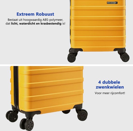 Gele koffer met 4 dubbele zwenkwielen. Gemaakt van ABS-polymeer, licht, waterdicht en krasbestendig.