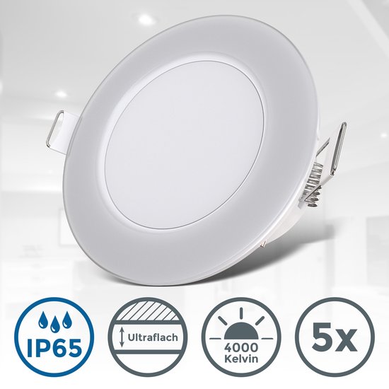 B.K.Licht - LED Badkamer Inbouwspots - set van 5 - witte spots - IP65 waterdicht - badkamerverlichting - ultraplat 3 cm - Ø8,6 cm - 4.000K neutraal wit licht - 350Lm - 3W