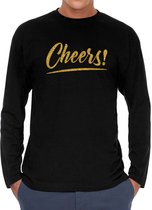 Cheers longsleeve zwart met gouden glitter tekst heren - Oud en Nieuw / Glitter en Glamour goud party kleding shirt met lange mouwen M