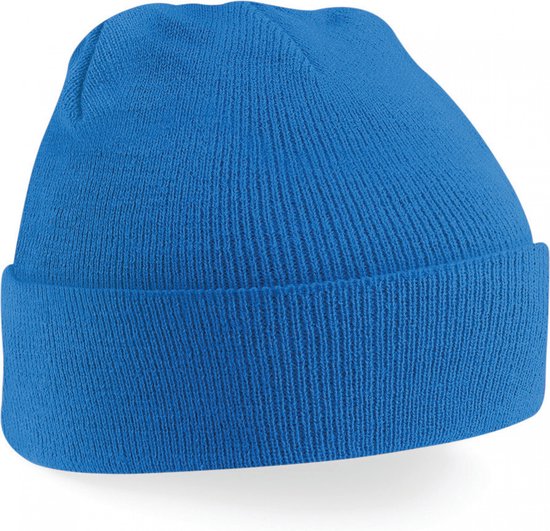 Basic dames/heren beanie wintermuts 100% soft Acryl in kleur saffier blauw - Super soft - Brede omslag band