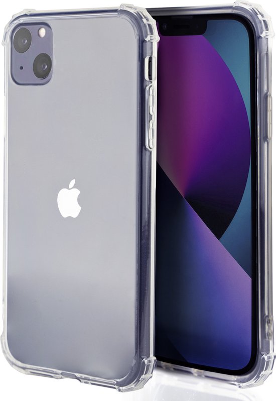 Doorzichtig TPU hoesje voor de iPhone 13 Mini met een paars scherm, vanuit de zijkant gezien.