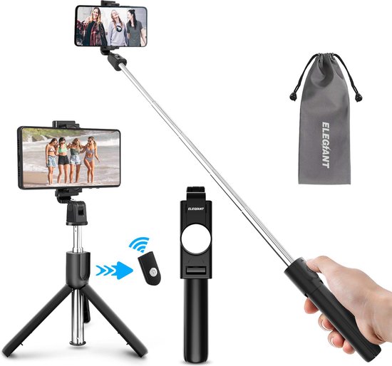Trépied et Perche à Selfie Bluetooth avec télécommande - noir