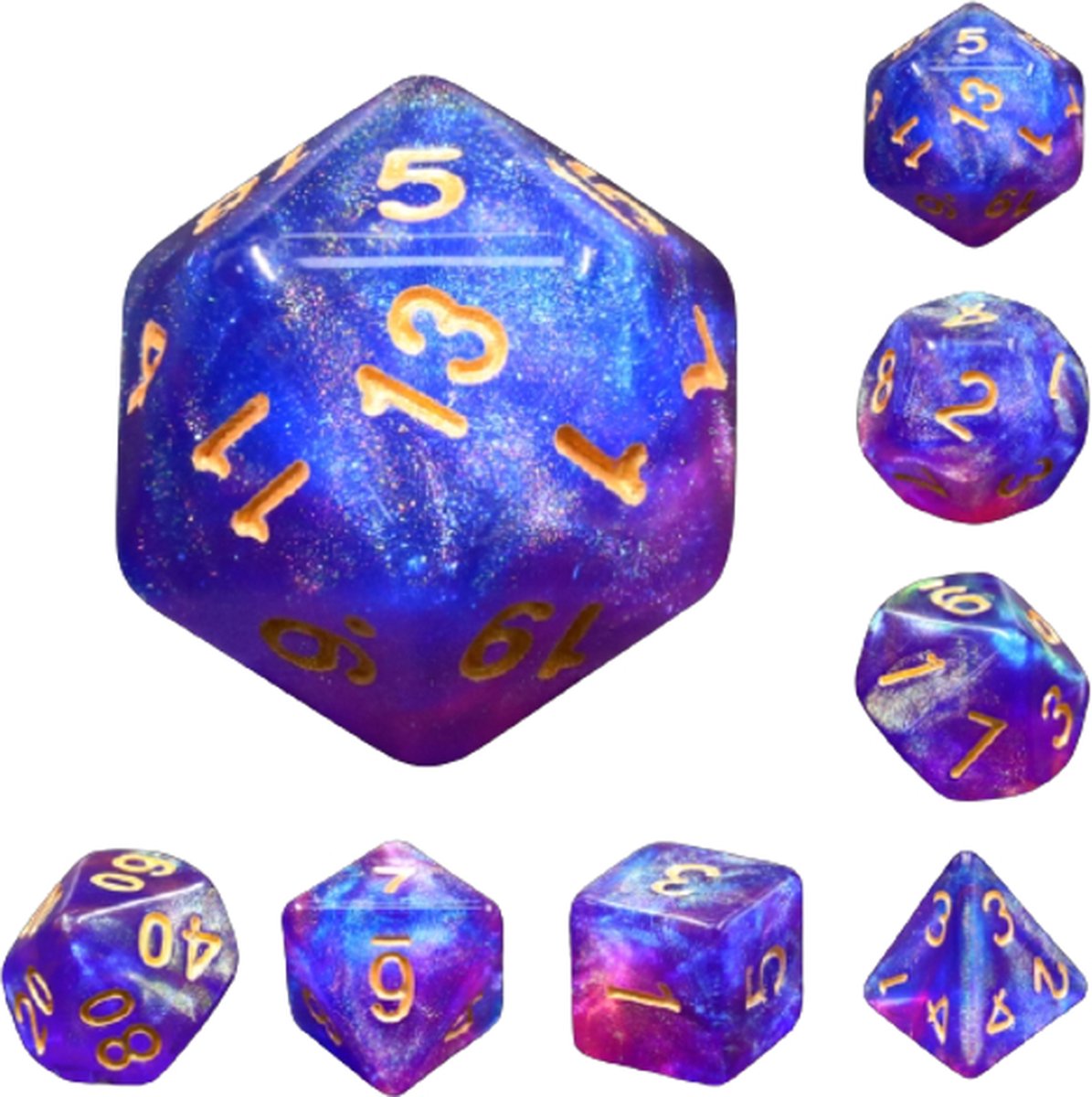 Polyset Dice | Dobbelstenen - Set Van 7 Stuks - Blauw Rood Glitters en Goud | Polydice | Voor D&D en Andere Rollenspellen | Plastic Dobbelstenen Set voor Dungeons and Dragons | Polyhedral Dice Set | Mooie Zwarte Velvet Dice Bag voor Ongeveer 3 Sets