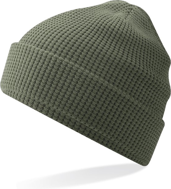 Dames Beanie Wintermuts wafelstructuur olijf groen 100% biologisch katoen